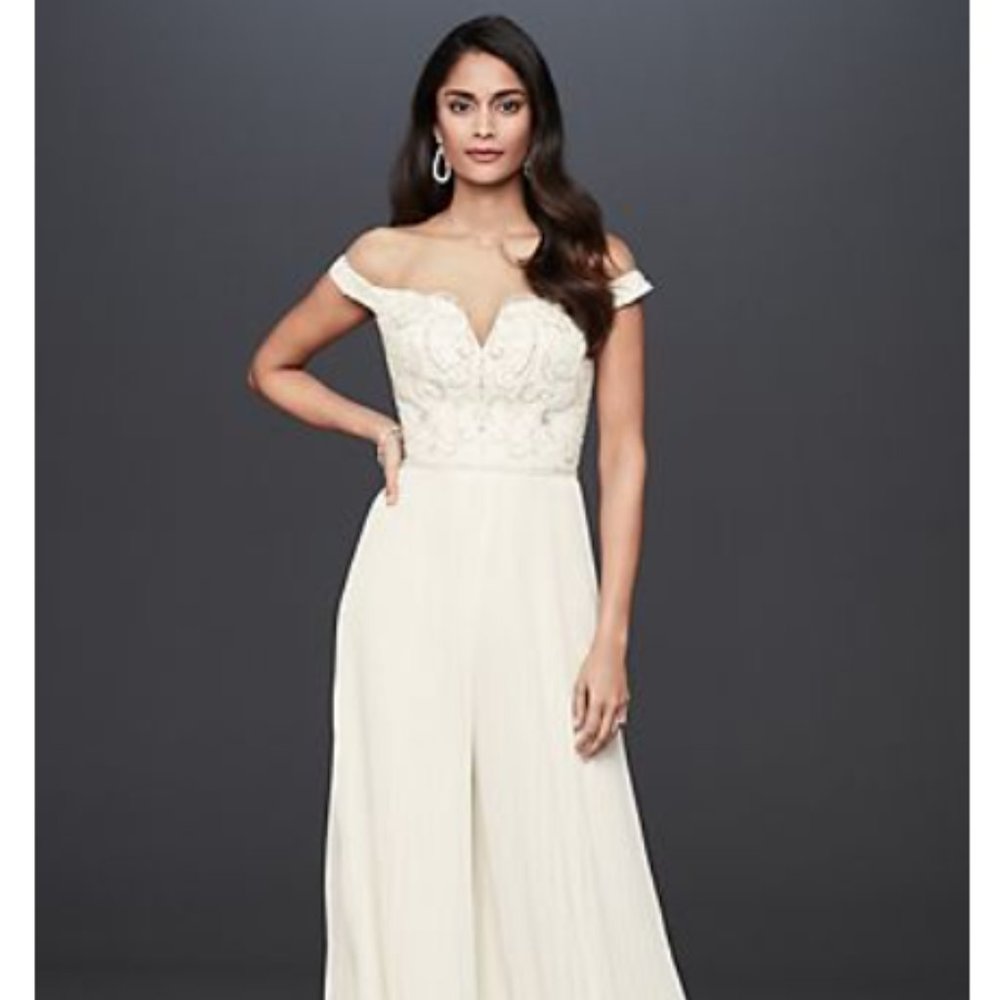 David's Bridal Beaded Illusion Off-the-Shoulder Wedding Jumpsuit